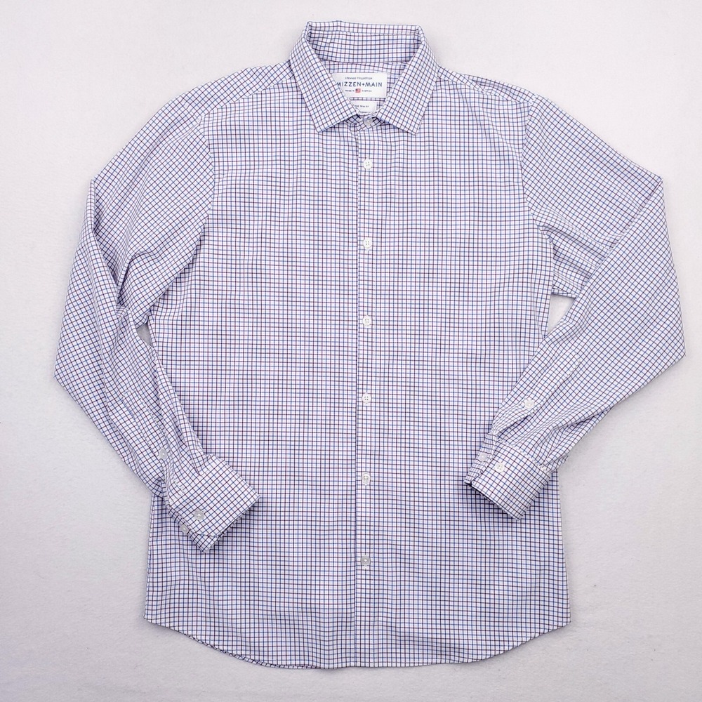 Mizzen Main Shirt Mens L Blue Purple Tattersall Plaid Leeward Trim Fit Stretch